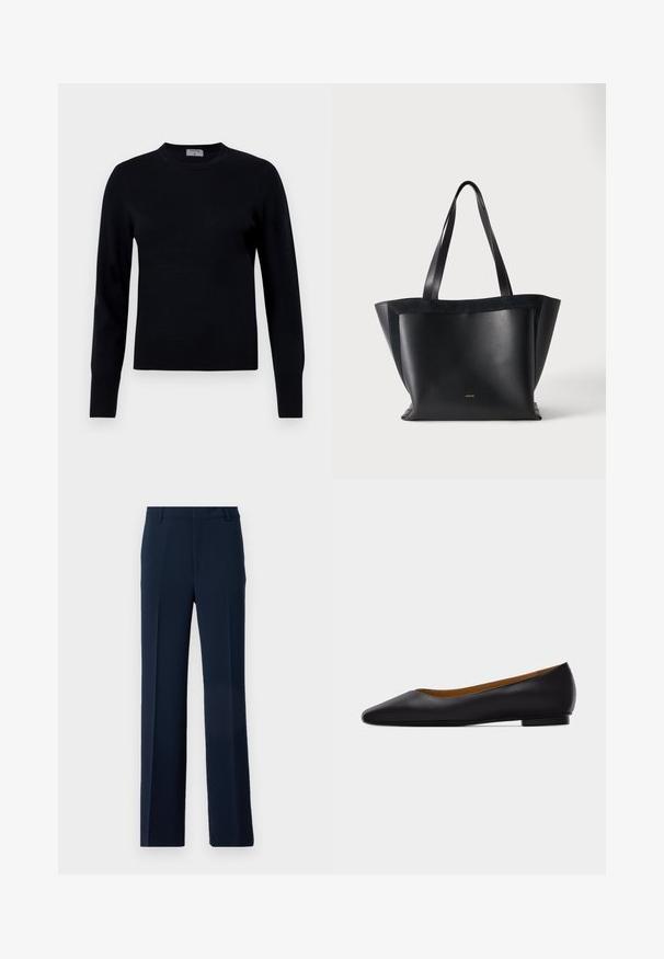 Pull en tricot noir avec un col rond et des manches longues. Présente une texture lisse et des poignets côtelés, offrant une coupe et un design classiques.; Pantalons bleu marine en tissu lisse, présentant un design à jambe droite avec des plis avant et des poches latérales pour une allure soignée.; Chaussure plate en cuir noir à bout pointu avec talon bas et finition lisse, vue de côté sur un fond gris clair.; Sac cabas en cuir noir avec deux longues poignées, forme rectangulaire, et logo discret en bas au centre sur un fond uni.