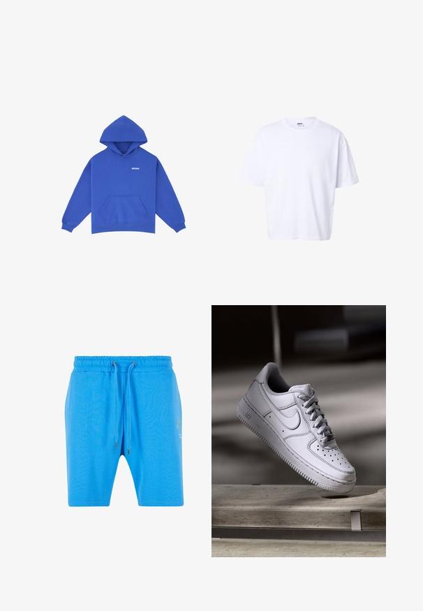 Sudadera de algodón azul con mangas largas, un gran bolsillo delantero y capucha. Presenta texto blanco en el pecho y puños acanalados.; Camiseta blanca lisa de algodón, de manga corta, con cuello redondo, corte holgado y etiqueta de la marca Urban Classic dentro del cuello.; Pantalones cortos de algodón azul con una cinturilla elástica, cierre de cordón y un sutil detalle gráfico en el lado. Textura suave y corte holgado.; Zapatilla Nike Air Force 1 de cuero blanco que presenta una puntera perforada, cordones planos y una suela de goma texturizada con la marca "AIR" en el lateral.