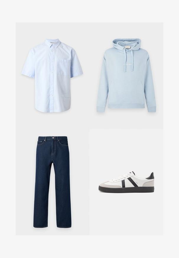 Sweat à capuche bleu clair avec poche kangourou à l’avant, capuche avec cordon de serrage réglable, poignets et ourlet côtelés, et texte blanc discret sur la poitrine.; Chemise bleu clair à manches courtes avec col et poche poitrine, présentée sur un fond gris clair uni.; Jean en denim bleu foncé avec une coupe droite, cinq poches et des coutures visibles. Possède un bouton de fermeture et des passants de ceinture.; Baskets blanches avec des accents noirs et gris, présentant un embout texturé gris, une semelle en caoutchouc noir et des lacets plats blancs. Design épuré, style minimaliste.