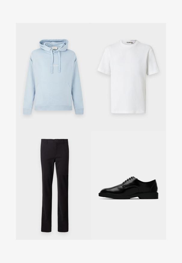 Lyseblå hættetrøje med forlommekangurulomme, justerbar snøre i hætten, ribkantsmanchetter og -linning samt diskret hvid tekst på brystet.; Hvid kortærmet t-shirt i vaffelmønster med rund hals og et lille mærke med brandnavn inde i kraven, vist på en ensfarvet baggrund.; Sorte bukser lavet af en bomuldsblanding; har en lige ben-design og en frontknaplukning. Ingen mønstre eller udsmykninger synlige.; Sorte læder dress sko med en glat finish, rund tå, snørebåndsdesign og diskret gummisål for godt greb.
