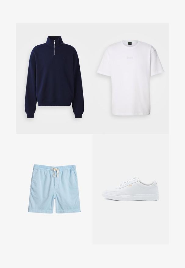 Sudadera de color azul marino con cuello alto y media cremallera, fabricada con un tejido suave. Presenta un pequeño logo tono sobre tono en el pecho.; Camiseta de algodón blanca de manga corta, con escote redondo y logotipo grabado de "BOSS" en el pecho. Textura suave, ajuste estándar.; Bañador azul claro de tejido suave, con cintura elástica, bolsillos frontales y cordón de ajuste para mayor comodidad.; Zapatillas de cuero blanco con textura suave, puntera redondeada y costuras tonales. Cuentan con cordones azules y un logo dorado en el lateral.