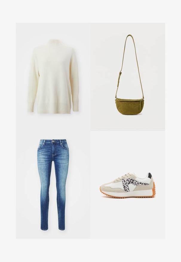 Cremfarbener Rollkragenpullover mit geripptem Kragen und Bündchen. Weiche Textur, lockere Passform und seitliche Schlitze am Saum. Hergestellt aus einem leichten Stoff.; Schlankjeans aus Denim-Material mit einem hellblauen bis dunkelblauen Farbverlauf, klassischem Fünf-Taschen-Design und einem Reißverschluss mit Knopfverschluss.; Beige und weiße Sneaker mit einem Leopardenmuster-Panel, strukturiertem Wildleder und gummierter Sohle mit Rillen für besseren Halt. Schnürsenkel und gepolsterter Kragen inklusive.; Olivgrüne Wildleder-Umhängetasche mit verstellbarem Riemen und Reißverschlusstasche vorne vor einfachem weißem Hintergrund.