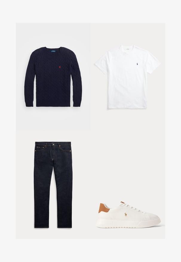 Marineblå kabelstrikket trøje med rund hals og lange ærmer. Har et lille rødt logo på brystet. Lavet af blødt stof.; Hvid T-shirt med korte ærmer og rund hals med lille navyblåt broderet polo-spiller logo på venstre bryst.; Mørkeblå denimjeans med fem lommer, knap- og lynlås-lukning og synlige gyldne syninger, vist fladt på en lys baggrund.; Hvid lavtop sneaker med tan hælfane, hvide snørebånd og lille broderet polo-spiller logo på siden over en tyk sål.