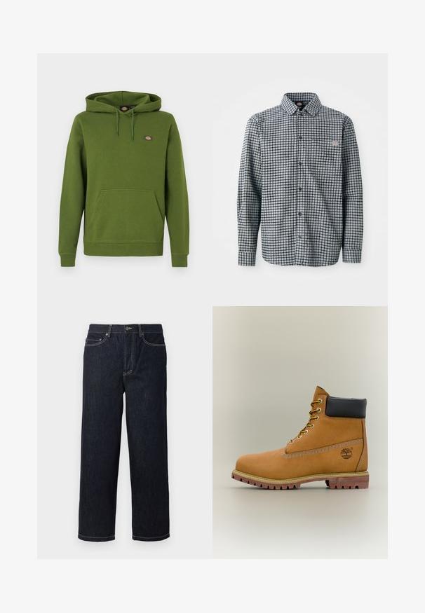 Sweat à capuche vert en tissu doux, avec une poche kangourou et une capuche à cordon. Comprend un petit logo sur la poitrine.; Chemise à manches longues à carreaux noir et blanc, avec col et petite patch logo sur la poche poitrine gauche.; Jean en denim droit bleu marine avec cinq poches et surpiqûres blanches contrastantes, fermeture à bouton et passants de ceinture.; Bottine en cuir marron avec col noir, lacets jaunes et semelle beige. Présente un logo et des détails de couture blanche. Semelle extérieure à traction robuste.