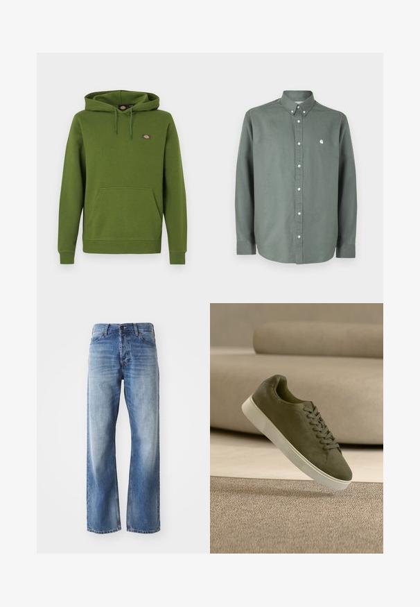 Groene hoodie gemaakt van zachte stof, met een buidelzak en een capuchon met trekkoord. Voorzien van een klein logo op de borst.; Groen shirt met lange mouwen gemaakt van katoen, voorzien van een button-down kraag, een knopenpatte met knopen aan de voorkant, en een klein wit logo op de borst.; Blauwe denim straight-leg jeans met lichte vervaging op de dijen en knieën, met vijf zakken en een knoopsluiting.; Olivengroene suède sneaker met witte zool en veters die boven een beige tapijt zweeft voor een lichtbeige bank.