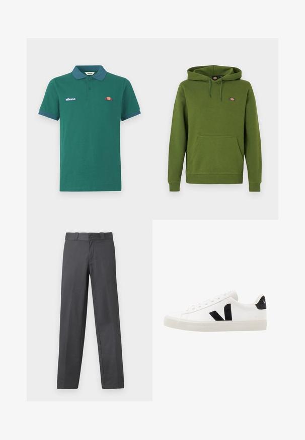 Grøn hættetrøje lavet af blødt stof med kengurulomme og snøre i hætten. Har et lille logo på brystet.; Grøn polo shirt lavet af bomuld med en kontrasterende blå krave og manchetter. Har et broderet logo og et lille farverigt design på brystet.; Grå bukser lavet af glat stof, med lige ben-design, knappelukning og bæltesløjfer; minimale sømme og uden mønstre.; Hvide lædersneakers med sorte ruskindsdetaljer; har en gummisål, rund tå og klassisk snørebåndsdesign. Side logo i sort.