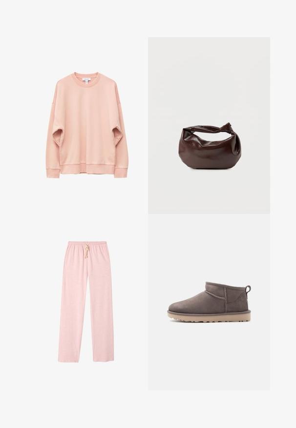 Hellrosa übergroßes Sweatshirt mit rundem Ausschnitt, langen Ärmeln sowie gerippten Bündchen und Saum, auf weißem Hintergrund dargestellt.; Hellrosa, Baumwoll-Loungehosen mit lockerem Schnitt, elastischem Bund und Kordelzugdetails. Glatte Textur, knöchellanges Design.; Niedriger brauner Slip-On-Schuh aus Wildleder mit strukturierter Sohle und Zuglasche vor schlichtem Hintergrund.; Dunkelbraune Lederschultertasche mit weicher, lockerer Form und einem gedrehten Knotengriff vor schlichtem weißem Hintergrund.