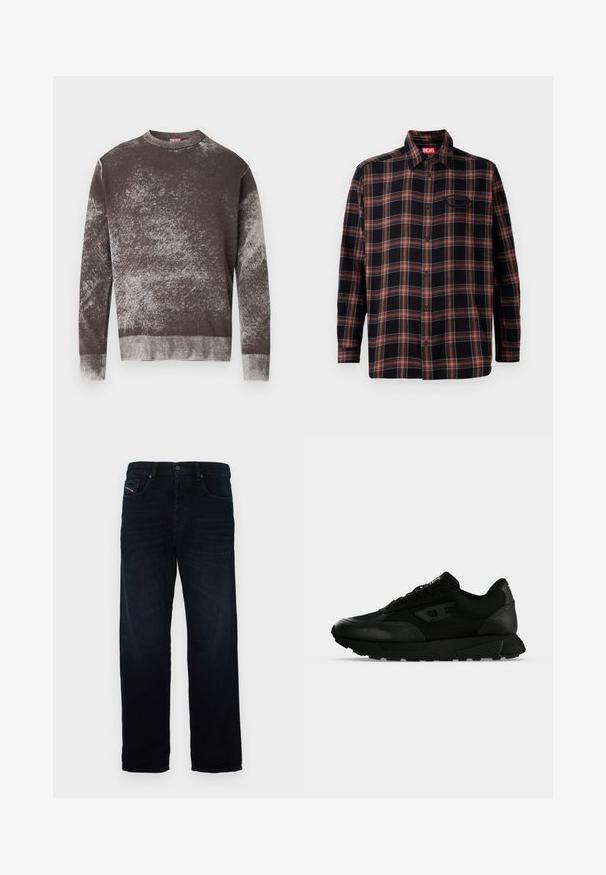 Pull à col rond à manches longues, marron et gris moucheté, avec des poignets et un ourlet côtelés, arborant un petit logo brodé sur la poitrine.; Chemise à carreaux noire et rouge avec un devant à boutons, des manches longues et une étiquette sur le col. Présente des coutures contrastées et une poche plaquée.; Jean en denim bleu marine avec une coupe droite, dotés d'une poche avant et d'une fermeture à bouton. Le tissu a une texture lisse et un éclat subtil.; Baskets basses noires avec cuir texturé et panneaux en tissu, fermeture lacets et semelle épaisse en caoutchouc sur un fond clair uni.