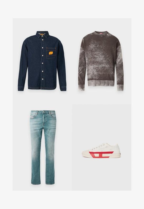 Bruine en grijze gespikkelde trui met ronde hals en lange mouwen, voorzien van geribde manchetten en zoom, met een klein geborduurd logo op de borst.; Donkerblauwe denim shirt met button-down kraag, oranje label op de borstzak en witte knopen. Zachte textuur met contrasterende stikseldetails.; Lichtblauwe denim jeans met een rechte pasvorm, vijf zakken, subtiele vervaging en een klassieke knoopsluiting bij de taille.; Canvas sneaker met een witte bovenkant, rode rubberen accenten en een gestructureerd ontwerp. Heeft een ronde neus en vijf oogjes voor de veters.