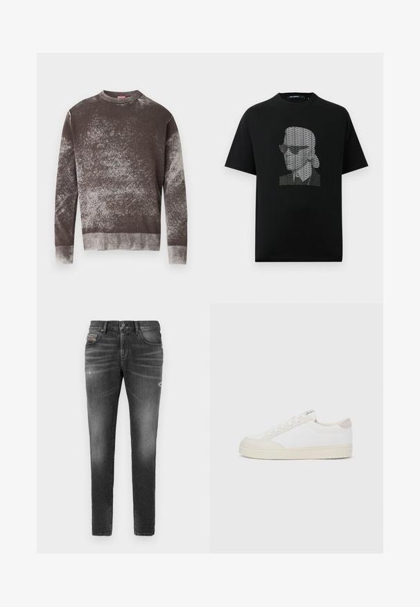 Bruine en grijze gespikkelde trui met ronde hals en lange mouwen, voorzien van geribde manchetten en zoom, met een klein geborduurd logo op de borst.; Zwarte katoenen t-shirt met een grafische print van een gestileerd gezicht met een zonnebril, gemaakt van herhalende witte tekst. Ronde hals, korte mouwen.; Grijze denim jeans met een slim fit, voorzien van lichte slijtage, verwerkte details en een traditionele knoopsluiting.; Witte sneaker met een gestructureerde canvas bovenzijde, gladde beige accenten bij de hiel en een rubberen zool. Voorzien van een afgeronde neus en een vetersluiting.