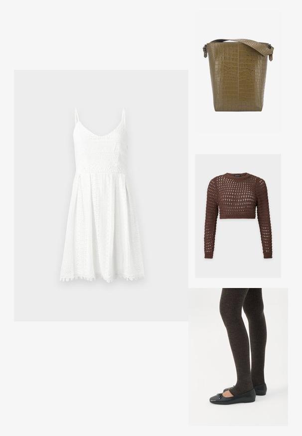 Crop top marron à manches longues en crochet avec encolure ronde et motif tissé ouvert pour un ajustement respirant.; Robe en dentelle blanche avec un corsage ajusté et une jupe évasée. Présente des bretelles fines, un décolleté en V et des motifs floraux délicats.; Jambes portant des leggings côtelés foncés associés à des ballerines noires avec de petits détails en nœud sur fond blanc.; Sac cabas en cuir vert olive à motif crocodile, avec un fond plat, une ouverture large et une bandoulière ajustable ornée de détails en métal argenté.
