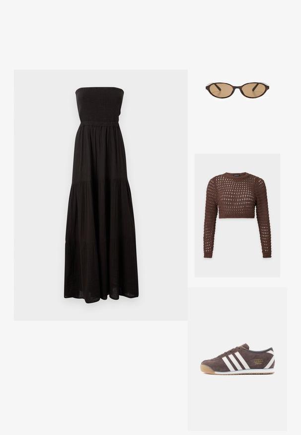 Braunes langärmliges Häkel-Crop-Top mit rundem Ausschnitt und offenem, gewebtem Muster für atmungsaktiven Sitz.; Schwarzes trägerloses Maxikleid aus strukturiertem Stoff mit einem gerüschten Oberteil und gestuften Rockabschnitten, die eine fließende Silhouette verleihen.; Brauner Wildleder-Sneaker mit drei weißen Streifen, einer strukturierten Sohle und goldener Markierung. Hat ein niedriges Profil und eine abgerundete Spitze.; Ovale, braun getönte Sonnenbrille mit dünnem, dunklem Schildpattrahmen und gebogenen Bügeln, von vorne auf weißem Hintergrund gezeigt.