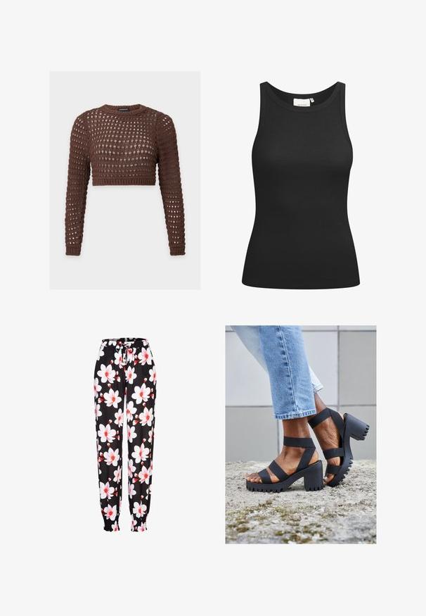 Crop top marrón de manga larga de crochet con escote redondo y patrón abierto tejido para un ajuste transpirable.; Top negro sin mangas hecho de tela acanalada, con un escote en forma de bote y un ajuste ceñido. Costuras planas y sin adornos. Diseño simple y elegante.; Pantalones de tela negra con patrón floral en blanco y rojo, con cintura elástica y cordón ajustable, y puños fruncidos. Material ligero.; Sandalias de plataforma negras con correas gruesas y suela con serrado. Presenta un tacón grueso, diseño de punta abierta y textura suave y mate.