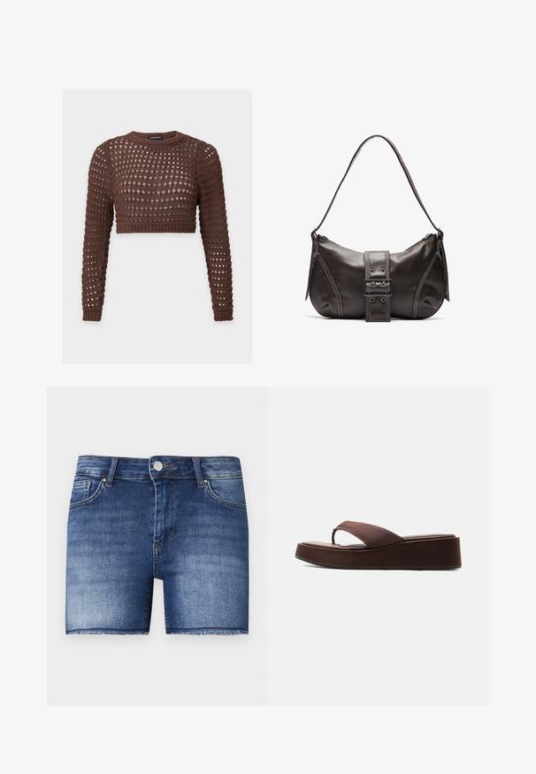 Crop top marrón de manga larga de crochet con escote redondo y patrón abierto tejido para un ajuste transpirable.; Shorts de mezclilla en un lavado azul medio con un corte recto. Presentan áreas descoloridas, un bolsillo frontal y un dobladillo sin acabar en la parte inferior.; Sandalia tipo flip-flop con plataforma marrón, suela gruesa y una tira ancha sobre los dedos, sobre fondo blanco liso.; Bolso de hombro de cuero marrón con forma curva, que presenta un prominente detalle de hebilla, costuras en contraste y una sola correa para el hombro.