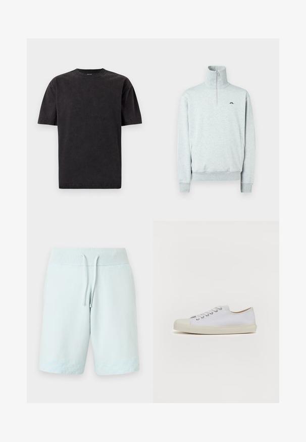 Lys grå quarter-zip pullover med høj krave, lange ærmer, ribbede manchetter og kant, samt et lille sort logo på venstre bryst.; Sort bomulds t-shirt med rund halsudskæring, korte ærmer og en glat tekstur. Har et let falmet udseende over stoffet.; Lyseblå strikkede shorts med ribbet talje, justerbar snørre og subtilt ternet mønster nær kanten.; Hvide lærreds sneakers med rund tå, flad cremefarvet gummisål, seks øjenlåg til snørebånd og subtile syninger på overdelen.