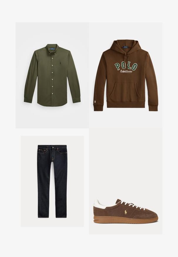 Bruine capuchontrui met groene en witte tekst "POLO Ralph Lauren", kangaroezak aan de voorkant en een klein wit logo op de mouwzoom van de linkerarm.; Overhemd met lange mouwen en knopen in olijfgroen katoen. Voorzien van een klein geborduurd logo op de borst, een standaard kraag en knoopaccenten.; Donkerblauwe slim-fit jeans met vijf zakken, knoopsluiting en contrasterende stiksels, plat gelegd op een lichte achtergrond.; Bruine suède sneaker met witte veters en hiel, rubberen zool en gouden Ralph Lauren paardenlogo op de zijkant.