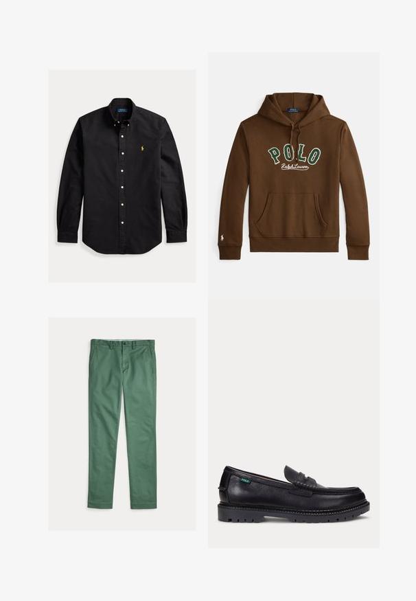 Brun hættetrøje med grøn og hvid "POLO Ralph Lauren" tekst, front-lomme som en kænguru, og lille hvidt logo på venstre ærmekant.; Sort langærmet skjorte med knapper, knappet krave og lille gul Polo Ralph Lauren-logo på venstre bryst.; Grønne herrebukser med lige ben, forlommer, bæltestropper og knaplukning, vist fladt på en hvid baggrund.; Sort læderloafer med tyk, mønstret sål og lille grøn "Polo"-mærke på ydersiden nær hælen.