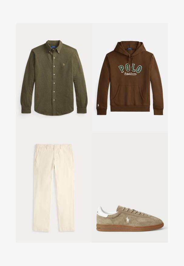 Hnedá mikina s kapucňou s nápisom "POLO Ralph Lauren" v zelenej a bielej farbe, predné klokanie vrecko a malý biely logo na manžete ľavého rukáva.; Košeľa olivovo zelenej farby s dlhým rukávom, golierom a malým vyšitým logom na ľavej strane hrudníka.; Krémové nohavice rovného strihu s pútkami na opasok a bočnými vreckami, zobrazené na svetlom pozadí.; Semišové tenisky v béžovej farbe s bielymi detailmi, s okrúhlou špičkou a viazaním. Obsahujú embosované logo a gumovú podrážku pre lepšiu trakciu.