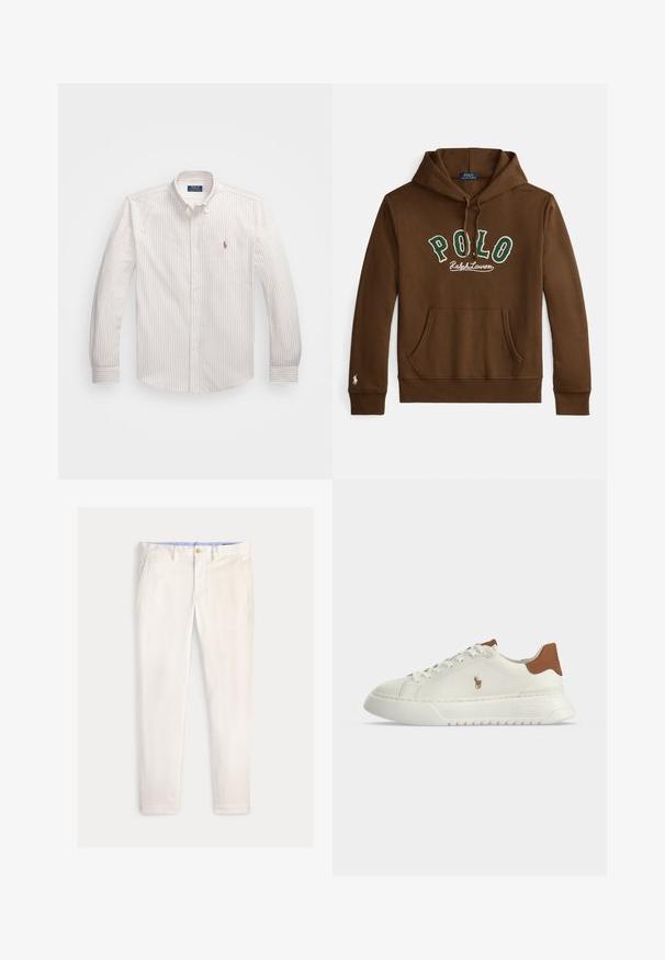 Hnedá mikina s kapucňou s nápisom "POLO Ralph Lauren" v zelenej a bielej farbe, predné klokanie vrecko a malý biely logo na manžete ľavého rukáva.; Biela košeľa na gombíky s tenkými vertikálnymi pruhmi v svetlej béžovej farbe. Má klasický golier, dlhé rukávy a malé vyšívané logo na hrudi.; Pánske štíhle nohavice slonovinovej farby s prednými vreckami, pútkami na opasok a zapínaním na gombík na jednofarebnom pozadí.; Biely nízky teniska s hnedou pätkou, šnurovaním vpredu, hrubou podrážkou a malým vyšívaným logom koňa na boku.
