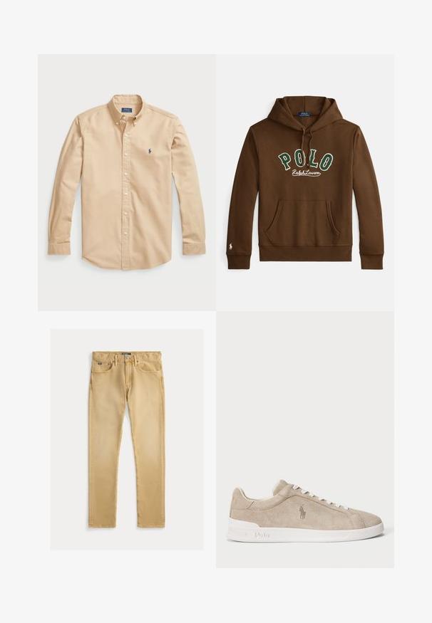 Bruine capuchontrui met groene en witte tekst "POLO Ralph Lauren", kangaroezak aan de voorkant en een klein wit logo op de mouwzoom van de linkerarm.; Lichtbeige overhemd met knopen van katoen, met een klassieke kraag, lange mouwen, witte knopen en een klein blauw logo op de borst.; Beige katoenen jeans met een slim fit, vijf zakken en zichtbare stiksels. Voorzien van een metalen knoop en label op de tailleband.; Beige suède sneaker met witte veters en zool, geborduurd Polo-logo aan de zijkant en "Polo" in reliëf op de zool.