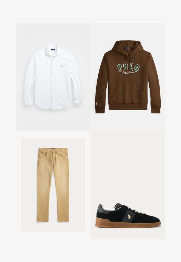 Brun hættetrøje med grøn og hvid "POLO Ralph Lauren" tekst, front-lomme som en kænguru, og lille hvidt logo på venstre ærmekant.; Hvid langærmet skjorte med knapper lavet af bomuld. Har en klassisk krave, regular fit og et lille marineblåt logo på brystet.; Beige bomuldsjeans med slim fit, fem-lommes design og synlig syning. Har en metal knap og label på taljen.; Sort lavtop sneakers med hvide snørebånd, brun gummisål og gyldt Polo-logo på siden og hælkappen.