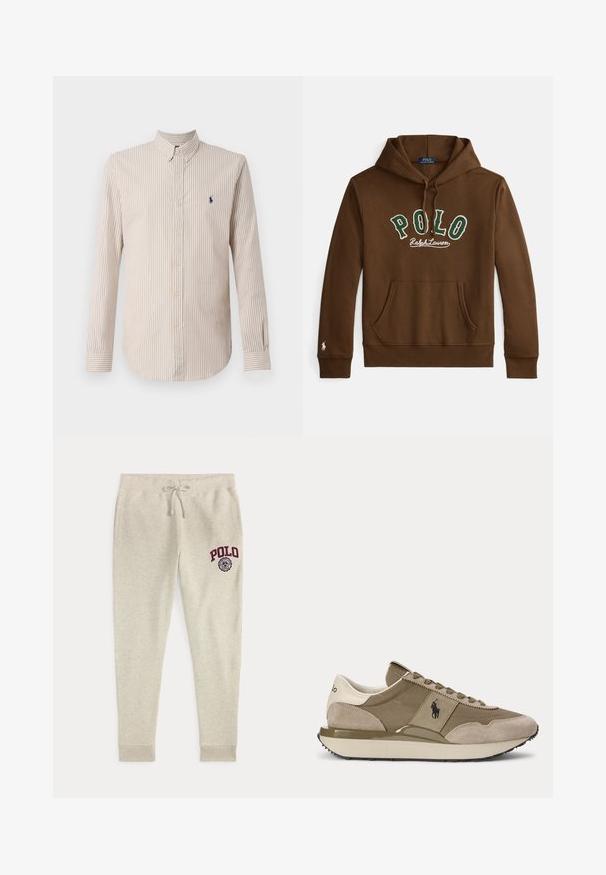 Sudadera marrón con capucha y texto "POLO Ralph Lauren" en verde y blanco, bolsillo frontal tipo canguro y pequeño logo blanco en el puño de la manga izquierda.; Camisa de manga larga a rayas en crema y marrón claro, con cuello abotonado y un pequeño logotipo en navy en el pecho.; Pantalones deportivos beige con cordón, bolsillos laterales y logo y emblema rojo "POLO" en la parte superior del muslo izquierdo.; Vista lateral de zapatilla beige y marrón con detalles en ante y logo Polo en el lateral sobre un fondo liso.