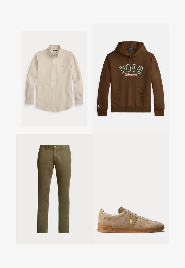 Pruun kapuutsiga tõmblukk, ees rohevalge "POLO Ralph Lauren" tekst, ees kängurutasku ja väike valge logo vasaku varruka mansetil.; Beež pikkade varrukatega nööpidega särgikaelusega, rinnal tikitud Polo Ralph Laureni logo ja nööpidega mansetid.; Polo Ralph Lauren BEDFORD STRETCH SLIM FIT CHINO PANT - Chino-püksid - canopy olive; Beež color veluurist ja nahast madala säärega toss kummikõrrega, valgete paelte ja Polo logoga küljel ning tallal.