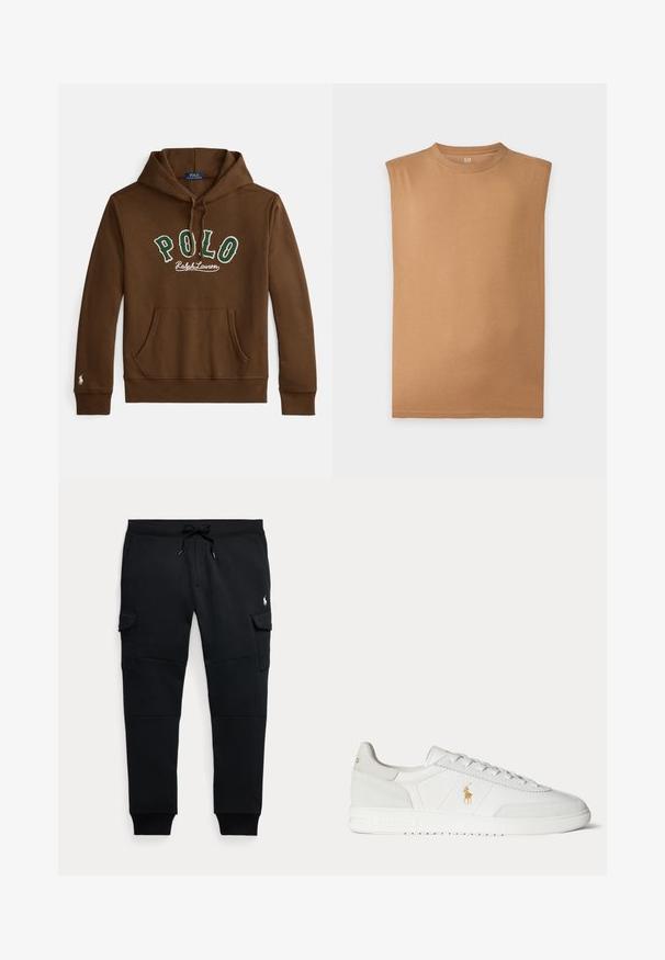 Hnedá mikina s kapucňou s nápisom "POLO Ralph Lauren" v zelenej a bielej farbe, predné klokanie vrecko a malý biely logo na manžete ľavého rukáva.; Nátelník bez rukávov svetlohnedej farby s okrúhlym výstrihom, jednoduchý dizajn a logo GAP vo vnútri goliera na bielom pozadí.; Čierne cargo jogger nohavice s šnúrkou v páse, bočné vrecká s chlopňou, rebrované manžety a malé biele logo hráča póla na pravej stehne.; Biela nízka teniska so šnurovaním, zlaté logo Polo Ralph Lauren na boku a textúrovaná podrážka na jednofarebnom pozadí.
