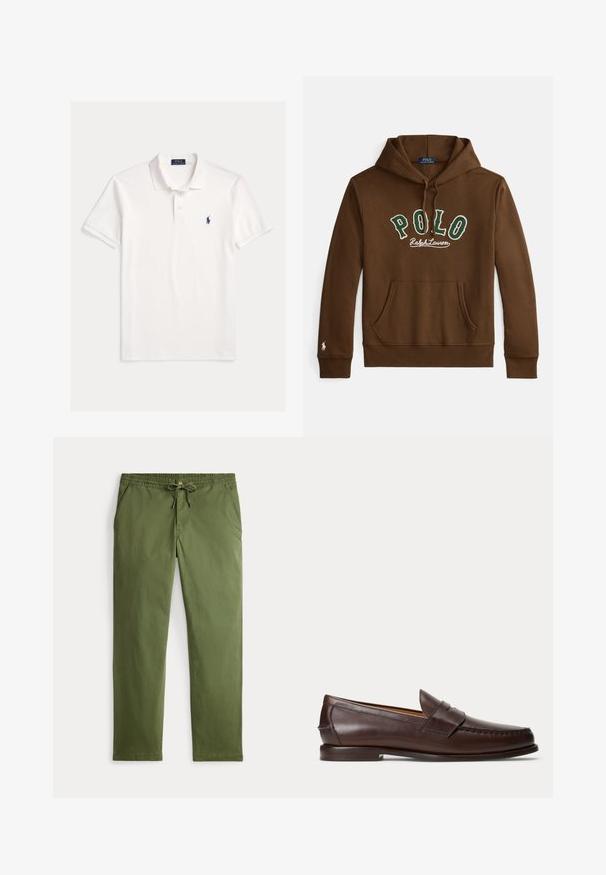 Brun hættetrøje med grøn og hvid "POLO Ralph Lauren" tekst, front-lomme som en kænguru, og lille hvidt logo på venstre ærmekant.; Hvid kortærmet Polo Ralph Lauren skjorte med krave, to-knaps knaplukning og lille mørkeblå broderet hestelogo på venstre bryst.; Herre olivengrønne casual bukser med elastisk talje, snøre, knaplukning og sidelommer, præsenteret fladt på hvid baggrund.; Mørkebrune læder penny loafers med syningsdetaljer og lav stacket hæl, vist fra siden på en ensfarvet baggrund.