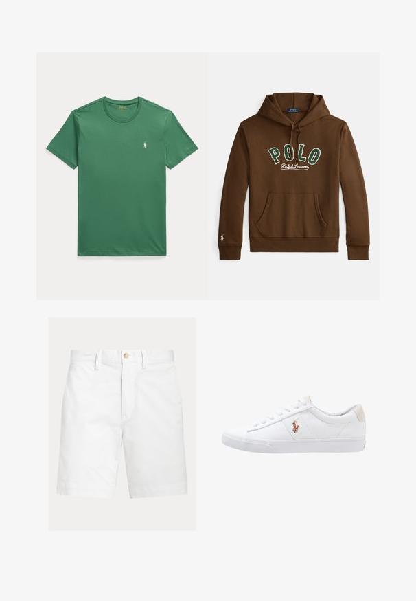 Pruun kapuutsiga tõmblukk, ees rohevalge "POLO Ralph Lauren" tekst, ees kängurutasku ja väike valge logo vasaku varruka mansetil.; Roheline lühikeste varrukatega ümarakaelusega T-särk, millel vasakul rinnal väike valge Polo Ralph Laureni hobuse logo.; Valged põlvpikad lühikesed püksid vööaasadega ja pruuni nööpklambriga vöökohal, esitatud ühevärvilisel taustal.; Valge kanvasest tennis, madala lõikega disain, millel on beež kontsapink ja väike tikitud logo küljel. Kummi välissole.