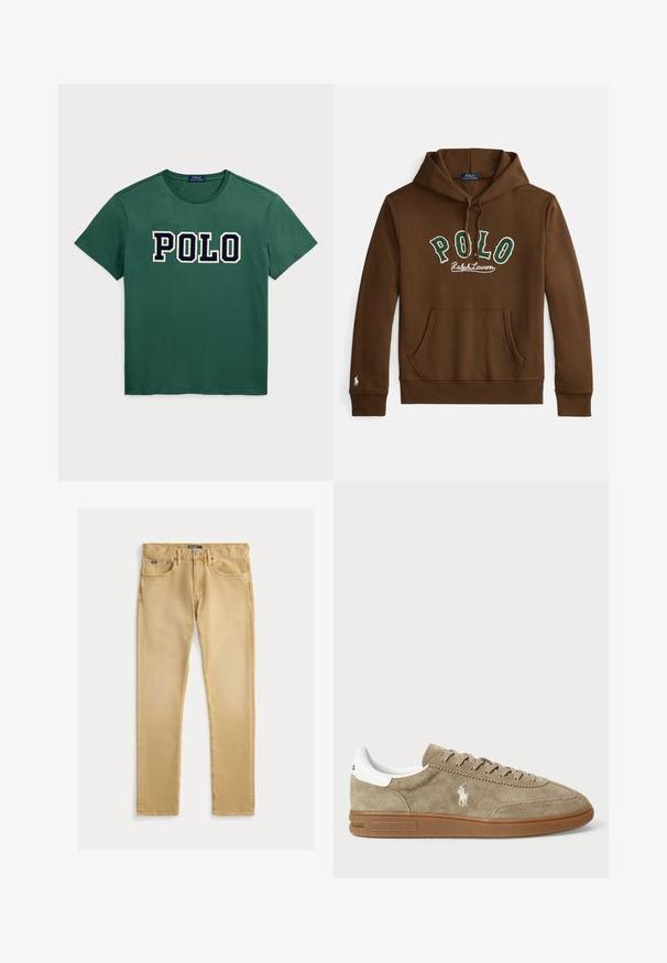 Brauner Kapuzenpullover mit grünem und weißem "POLO Ralph Lauren" Schriftzug, Kängurutasche vorne und kleinem weißen Logo auf der linken Ärmelbündchen.; Grünes Baumwoll-T-Shirt mit Rundhalsausschnitt und kurzen Ärmeln. "POLO"-Logo in fettem Marineblau über der Brust. Glatte Textur.; Beige Baumwolljeans mit schlanker Passform, fünf Taschen-Design und sichtbaren Nähten. Verfügt über einen Metallknopf und ein Etikett am Bund.; Wildledersneaker in Beige mit weißen Akzenten, runder Zehenform und Schnürdesign. Mit eingeprägtem Logo und Gummisohle für besseren Halt.