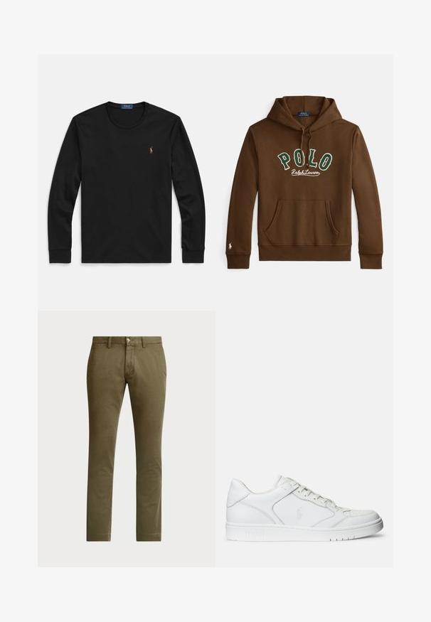 Hnedá mikina s kapucňou s nápisom "POLO Ralph Lauren" v zelenej a bielej farbe, predné klokanie vrecko a malý biely logo na manžete ľavého rukáva.; Čierne dlhé tričko s dlhým rukávom vyrobené z mäkkej bavlny, so zaobleným výstrihom a malým vyšívaným logom na hrudi s farebnými akcentmi.; Polo Ralph Lauren BEDFORD STRETCH SLIM FIT CHINO PANT - Nohavice chinos - canopy olive; Biele kožené tenisky s hladkým povrchom, obsahujúce perforovanú špičku, šnúrkové uzatvorenie a vyšívané logo na boku. Biela gumová podrážka.