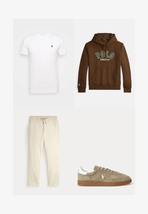 Brauner Kapuzenpullover mit grünem und weißem "POLO Ralph Lauren" Schriftzug, Kängurutasche vorne und kleinem weißen Logo auf der linken Ärmelbündchen.; Weißes Baumwoll-T-Shirt mit Rundhalsausschnitt. Mit einem kleinen dunkelblauen Logo auf der linken Brust. Kurze Ärmel, glatte Textur.; Beige legere Hosen mit elastischem Bund und Kordelzug, gerade Hosenbeine und seitlichen Taschen vor einem einfarbigen Hintergrund.; Beiger Wildleder-Sneaker in niedrigem Schnitt mit brauner Sohle, weißem Fersendetail, Schnürsenkeln und weißem, seitlich gesticktem Polo-Spieler-Logo.
