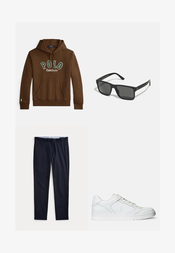 Bruine capuchontrui met groene en witte tekst "POLO Ralph Lauren", kangaroezak aan de voorkant en een klein wit logo op de mouwzoom van de linkerarm.; Donkerblauwe herenkleedbroek met ceintuurlussen, ritssluiting en zijzakken, plat gelegd op een witte achtergrond.; Witte leren sneaker met een gladde textuur, voorzien van een geperforeerde neus, vetersluiting en geborduurde logo aan de zijkant. Witte rubberen zool.; Zwarte rechthoekige zonnebril met donkere lenzen en matte afwerking. Voorzien van het ingekruide "POLO"-logo op de armen en een robuust frameontwerp.