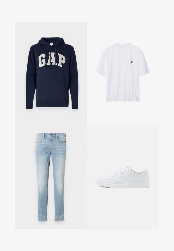 Hoodie en coton bleu marine avec un grand logo "GAP" gris clair, poche avant, et cordons de serrage à la capuche. Design classique avec des poignets côtelés.; T-shirt en coton blanc à manches courtes, arborant un petit motif brodé de palmiers dans un pot sur la zone gauche de la poitrine.; Jean slim bleu clair avec bouton avant, fermeture éclair et design à cinq poches, présenté sur un fond blanc uni.; Baskets blanches en cuir avec une texture lisse, bout rond et coutures tonales. Possède des lacets bleus et un logo doré sur le côté.