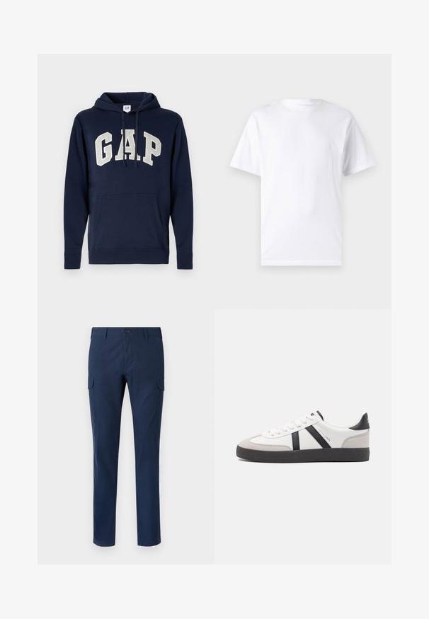 Marineblå bomuldshoodie med et stort, lys gråt "GAP" logo, forlommeklap og snore i hætten. Klassisk design med ribbede manchetter.; Hvid kortærmet t-shirt lavet af bomuld med rund hals, der har en glat tekstur og et simpelt design uden mønstre eller accenter.; Marine cargo bukser lavet af bomuld, med sidelommer, knaplukning, lige ben og en glat tekstur.; Hvide sneakers med sorte og grå detaljer, med en tekstureret grå tåhætte, sort gummisål og flade hvide snørebånd. Rent design, minimalistisk stil.