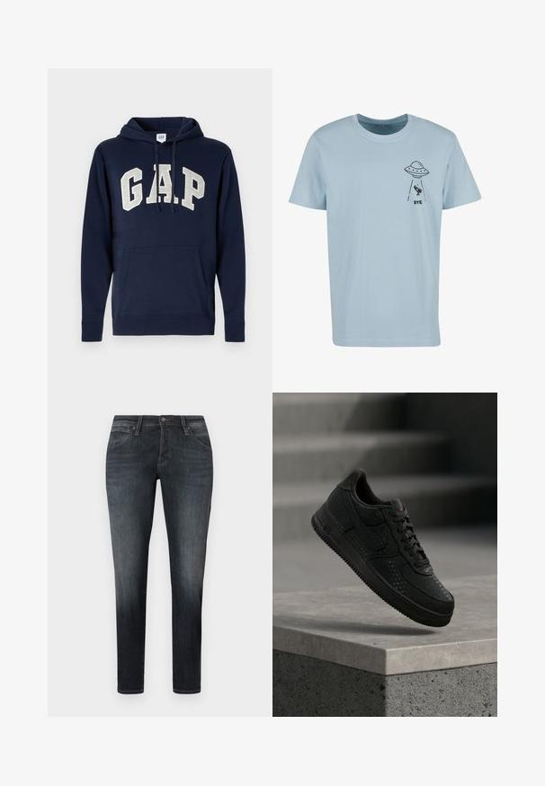 Námornícky modrá bavlnená mikina s kapucňou s veľkým svetlosivým logom "GAP", predná vrecko a šnúrkami na kapucni. Klasický dizajn s rebrovanými manžetami.; Svetlomodré tričko s malou čiernou grafikou UFO unášajúceho osobu a slovom "BYE" pod ním na ľavej strane na hrudi.; Tmavosivé priliehavé rifle s prednými vreckami a zapínaním na gombíky, s jemným blednutím na stehnách a kolenách.; Čierna teniska Nike s perforovanými detailmi, vznášajúca sa nad betónovým parapetom na rozostrenom sivom pozadí.