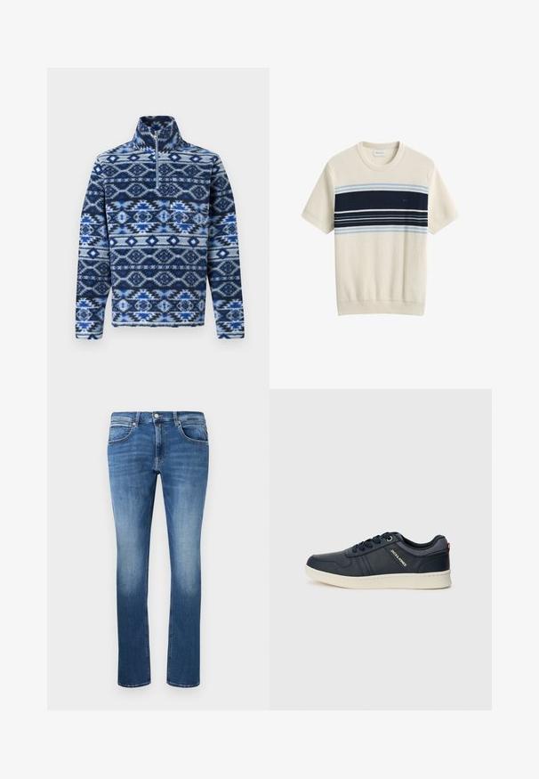Fleece pullover met een hoge kraag, met een blauw en wit geometrisch patroon. Ritsdetail bij de hals en textuurstof.; Korte mouwen creme gebreide trui met horizontale marineblauwe en lichtblauwe strepen over de borst, geribde kraag en zoom.; Blauwe denim jeans met een rechte snit, voorzien van lichte vervaging, vijf zakken en een knoop-en-rits sluiting. Genaaide details langs de naden.; Marine sneakers van getextureerd leer met een witte zool. Voorzien van veters en logo-details aan de zijkant. Neutrale achtergrond accentueert het ontwerp.