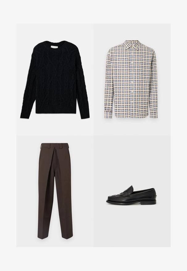 Mørkeblå kabelstrikket sweater med rund hals, tekstureret mønster og ribbede kanter ved ærmer og bund. Fremstillet af et tykt tekstilmateriale.; Skjorte med knapper foran, der har et ternet mønster i brun, blå og creme. Fremstillet af let stof med almindelig krave og lange ærmer.; BLUEMARBLE WORK PANT - Bukser - brown; Sorte læderloafer med et vævet detaljer hen over fronten, rund tå og en lav hæl. Glat tekstur og minimalistisk design.