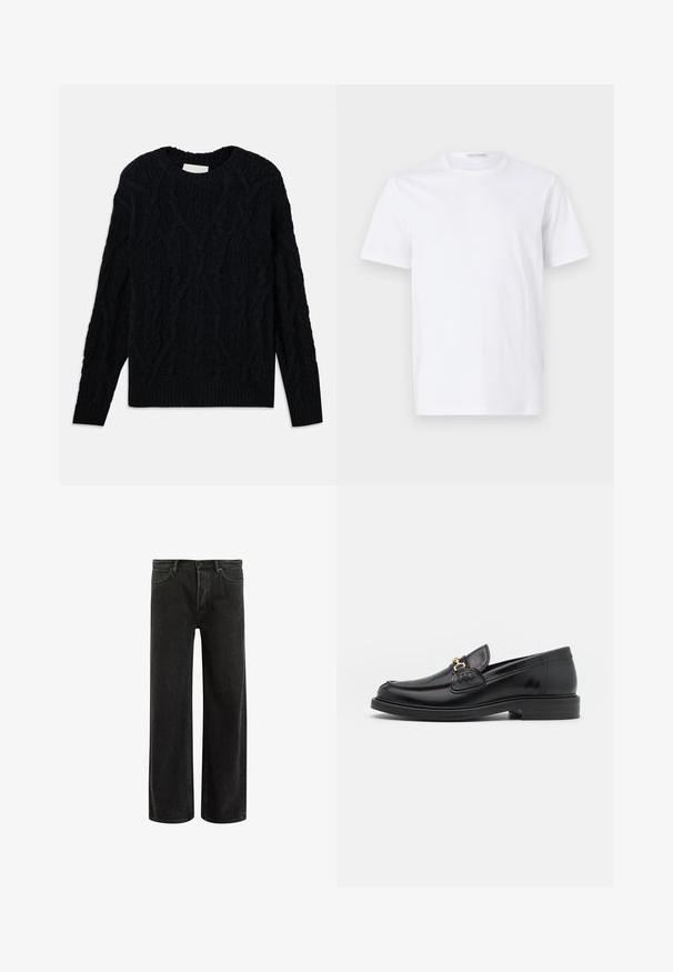 Mørkeblå kabelstrikket sweater med rund hals, tekstureret mønster og ribbede kanter ved ærmer og bund. Fremstillet af et tykt tekstilmateriale.; Hvid bomulds t-shirt med rund halsudskæring og korte ærmer. Glat tekstur, lige snit og minimalistisk design uden mønstre eller accenter.; Sorte denim bredde ben jeans med høj talje, med klassisk fem-lomme design og subtil falmning for et tekstureret udseende.; Sorte læder loafers med en rund tå, der har guld hardware accent og syningsdetaljer, placeret på en lav, tekstureret gummisål.