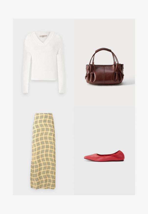 Pull en tricot côtelé blanc avec un col en V, des manches longues et une coupe courte ; présente une finition texturée et des poignets ajustés.; Rabanne Jupe longue - green/yellow/cream; Filippa K REY FLATS - Ballerines - bright red; Sac à main en cuir marron avec côtés froncés, double poignée supérieure et finition douce légèrement texturée sur un fond uni.