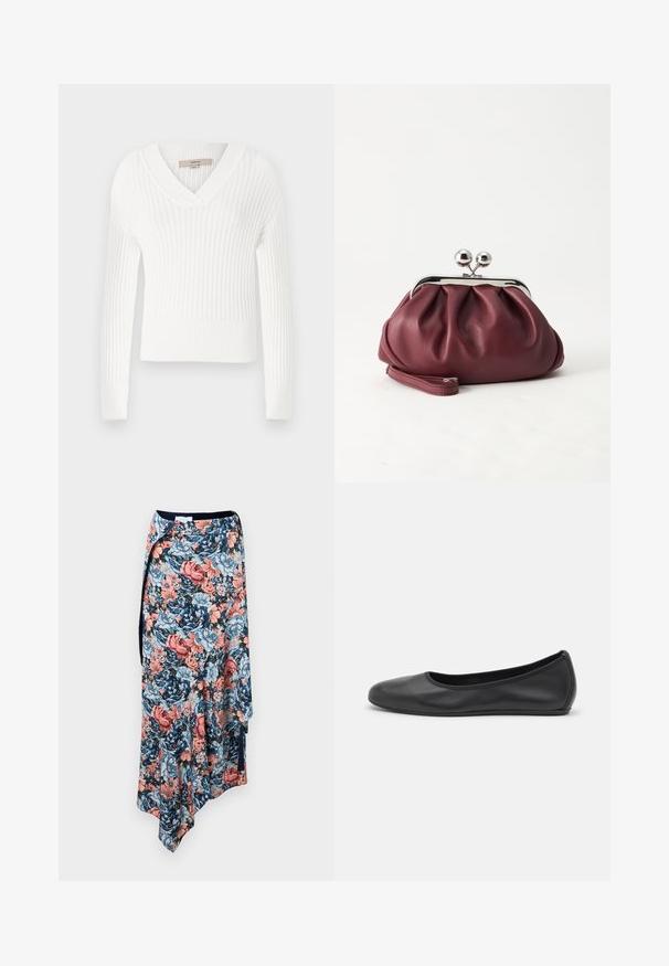 Hvid ribbet striktrøje med V-hals, lange ærmer og cropped design; har en struktureret overflade og tætsiddende manchetter.; Rabanne Pencil skirt - english tapestry/pink/blue/green; Sort læderballetsko med rund tå, glat tekstur, minimal syning og et fleksibelt såldesign.; Lille bordeauxlæder clutch-pung med sølv metal lukning og håndledsrem på hvid baggrund.