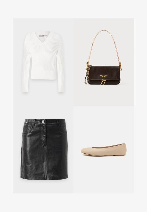 Hvid ribbet striktrøje med V-hals, lange ærmer og cropped design; har en struktureret overflade og tætsiddende manchetter.; Weekend Max Mara HULL - Pencil skirt - nero; Beige læder balletflade med afrundet tå, minimal sømdetaljering, lav hæl og subtilt logo på bagsiden. Glat, mat tekstur.; Sort læderhåndtaske med guldvingeemblem, gyldent lynlås og gyldent kæderem på hvid baggrund.