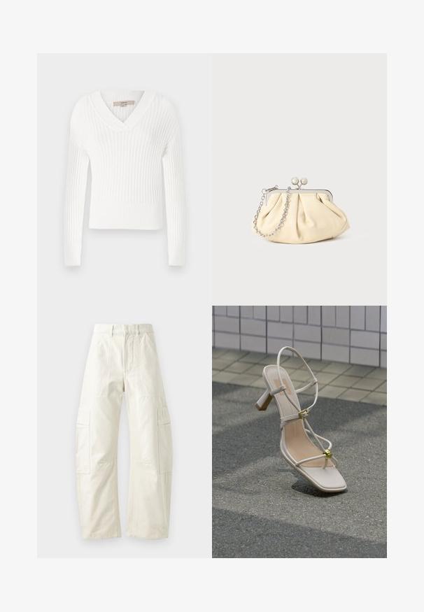 Hvid ribbet striktrøje med V-hals, lange ærmer og cropped design; har en struktureret overflade og tætsiddende manchetter.; Beige cargo bukser med løs pasform, der har flere klaplommer, lynlås og en struktureret overflade. Fremstillet af slidstærkt bomuldsstof.; Beige sandal med hæl og stropper, guldspænde og dekorativ guldkugle, på brostensbelagt underlag nær flisebelagt væg.; Plisseret beige læderclutch med en sølvmetalramme, der har to runde dekorative låse og en sølvkædetrasporte.