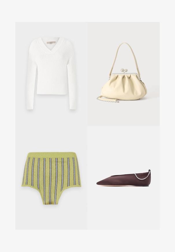 Hvid ribbet striktrøje med V-hals, lange ærmer og cropped design; har en struktureret overflade og tætsiddende manchetter.; Gule ribbede briefs med skinnende guldtråde og lodrette blå og brune striber. Har en bred elastisk talje og en glat tekstur.; Mørkebrun flad sko med spids tå, lav hæl og en sølvfarvet rhinstenkæde detalje bagpå.; Cremefarvet blødt læder håndtaske med indsamlet design, sølvramme-lukkemekanisme, kort hank og aftagelig kæderem.