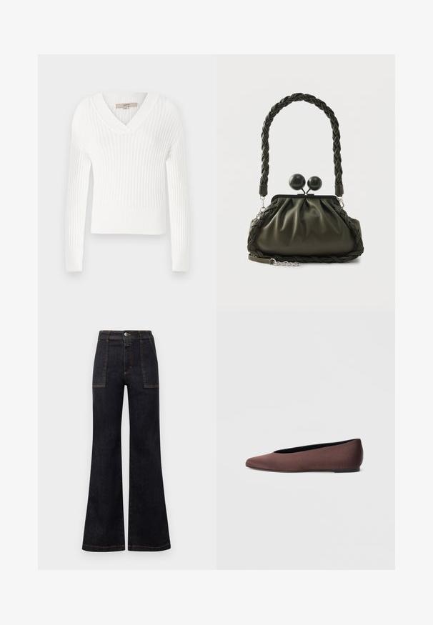 Hvid ribbet striktrøje med V-hals, lange ærmer og cropped design; har en struktureret overflade og tætsiddende manchetter.; Bredde mørk denim jeans med høj talje, der har orange syninger og to forlommer. Glat tekstur, ren finish, klassisk design.; Brune balletflade sko i stof med spids tå og glat tekstur, med lav hælkappe og tynd sort sål. Ingen synlige mønstre eller beslag.; Olivengrøn læderhåndtaske med flettet håndtag og sølvhardware, med en samlet design og runde låsedetaljer på toppen.