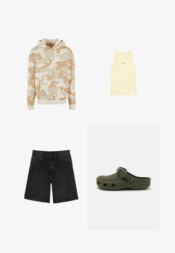 Camo hoodie lavet af blødt stof, med et beige og cremet camouflagemønster, frontlomme og ribbede manchetter og kant.; Lysegul ærmeløs tanktop med rund halsudskæring og lille sort logo tekst centreret nær brystet på hvid baggrund.; Sorte denimshorts med forlommer og møntlomme, bæltestropper og lukning med knap.; Grøn gummi klipklap med justerbar rem og ventilationshuller. Glat tekstur, rundt tåparti og hævet sål for komfort.