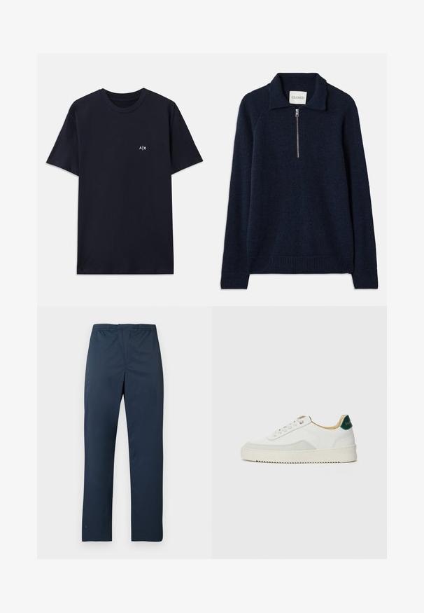 Suéter de color azul marino con cuello con cremallera, hecho de un material de punto suave. Presenta mangas raglán y puños y dobladillo acanalados.; Camiseta de algodón de color azul marino con mangas cortas y cuello redondo. Presenta un pequeño logo blanco "A|X" en la parte izquierda del pecho.; Pantalones azul marino, ligeros, con cintura elástica y piernas rectas. Textura suave sin patrones o adornos visibles.; Zapatilla blanca con acentos de ante, puntera redondeada, cordones planos y suela de goma color crema. Presenta un logo verde en el talón.
