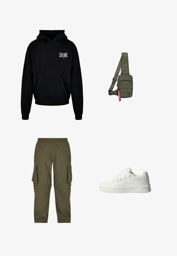 Zwarte hoodie met een voorzak, met in de bovenste linkerhoek witte tekst "Lost youth". Gemaakt van een katoenmix.; Olijfgroene cargobroek gemaakt van lichtgewicht stof, met meerdere zijzakken, een elastische tailleband en een recht gesneden ontwerp.; Witte sneakers met een gladde leren buitenkant, een gevoerde tong, platte veters en getextureerde accenten aan de zijkanten en hiel.; Olijfgroene schoudertas met een textuurstof oppervlak, een ritssluiting aan de voorkant en een rood merklabel. Verstelbare riem voor comfort.