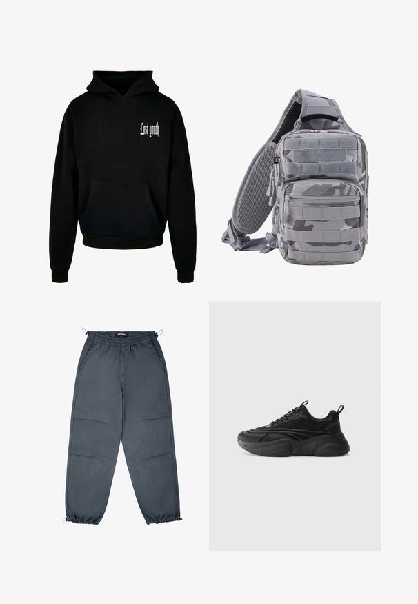 Schwarzer Kapuzensweatshirt mit einer vorderen Tasche, versehen mit weißem Text "Lost youth" in der oberen linken Ecke. Aus Baumwollmischung.; Graue Jogginghosen mit elastischem Bund, seitlichen Taschen und elastischen Bündchen, die über eine glatte Textur und einen geraden Schnitt verfügen.; Schwarze Sportschuhe mit einer runden Sohle, strukturiertem Obermaterial und gepolstertem Kragen. Verfügt über Schnürung, Zuglasche und geschichtete Designelemente.; Brandit US COOPER EVERYDAYCARRY-SLING - Umhängetasche - blizzard camo
